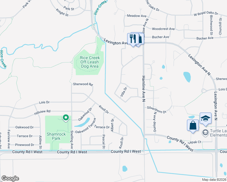 map of restaurants, bars, coffee shops, grocery stores, and more near 5716 Ridge Creek Road in Shoreview