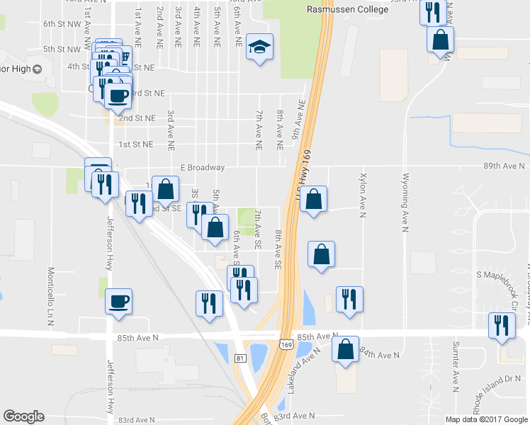 map of restaurants, bars, coffee shops, grocery stores, and more near 200 7th Avenue Southeast in Osseo