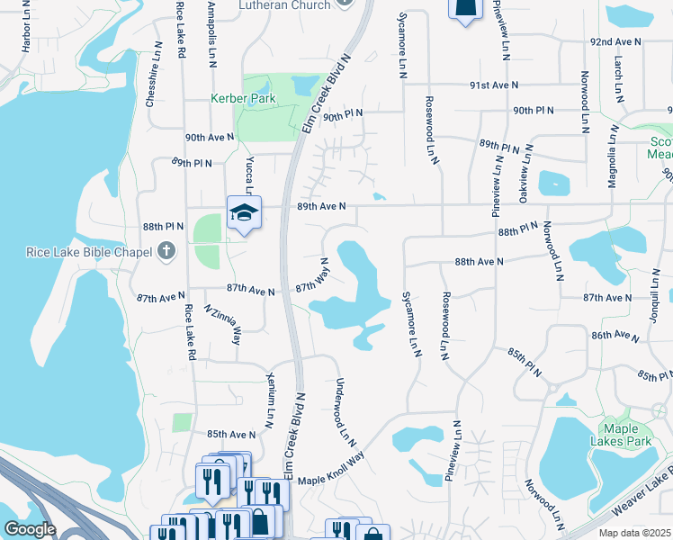 map of restaurants, bars, coffee shops, grocery stores, and more near 13378 87th Place North in Maple Grove