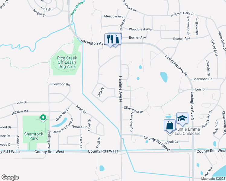 map of restaurants, bars, coffee shops, grocery stores, and more near 1366 Viewcrest Road in Shoreview