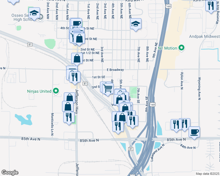 map of restaurants, bars, coffee shops, grocery stores, and more near 332 2nd Street Southeast in Osseo