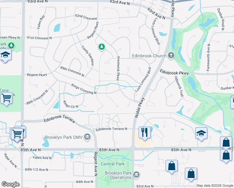 map of restaurants, bars, coffee shops, grocery stores, and more near 4909 Kings Crossing in Minneapolis