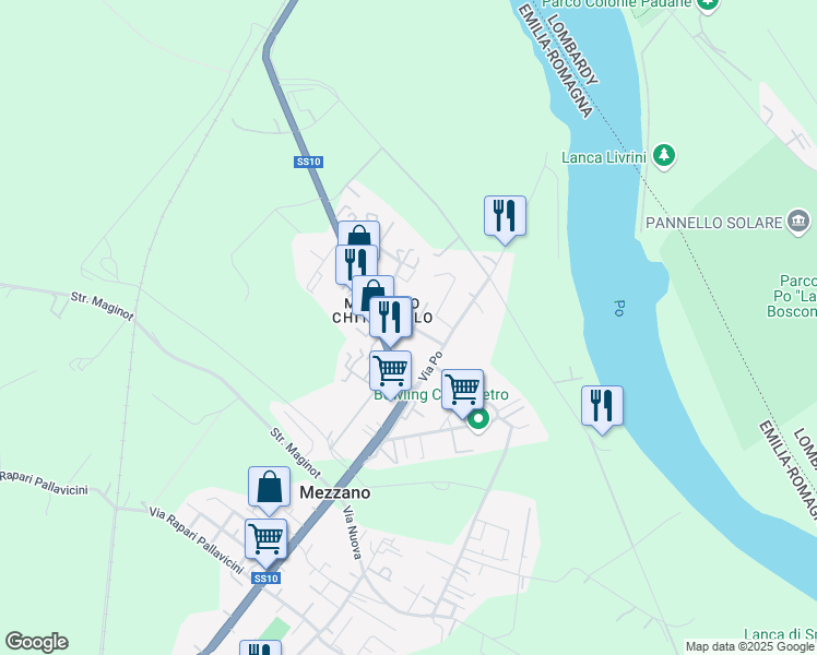 map of restaurants, bars, coffee shops, grocery stores, and more near 64 Via Parigi in Castelvetro Piacentino