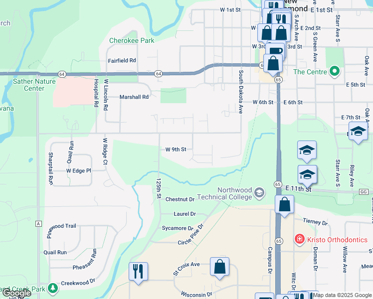 map of restaurants, bars, coffee shops, grocery stores, and more near 580 West 9th Street in New Richmond