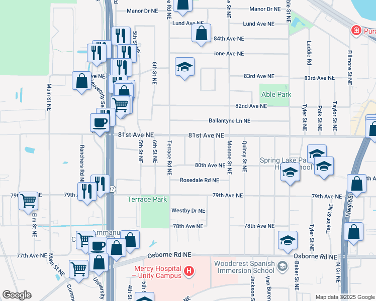 map of restaurants, bars, coffee shops, grocery stores, and more near 8043 Washington Street Northeast in Minneapolis