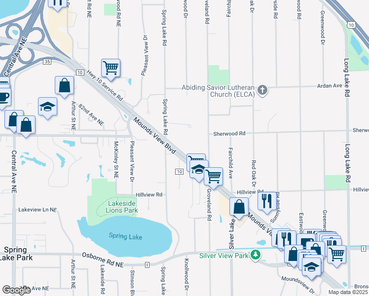map of restaurants, bars, coffee shops, grocery stores, and more near 2925 Highway 10 Northeast in Mounds View