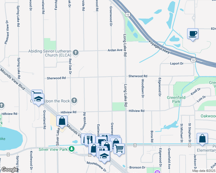 map of restaurants, bars, coffee shops, grocery stores, and more near 8032 Greenwood Drive in Mounds View