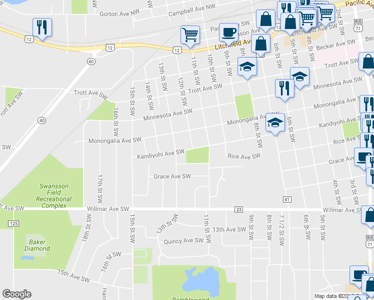 map of restaurants, bars, coffee shops, grocery stores, and more near 1234 Kandiyohi Avenue Southwest in Willmar