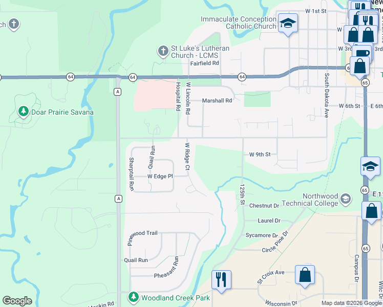 map of restaurants, bars, coffee shops, grocery stores, and more near 850 West Ridge Court in New Richmond