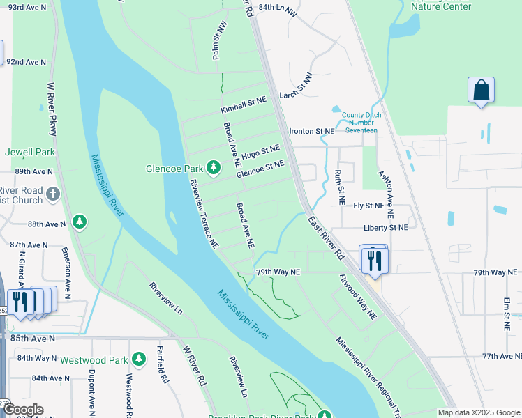 map of restaurants, bars, coffee shops, grocery stores, and more near 521 Dover Street Northeast in Fridley