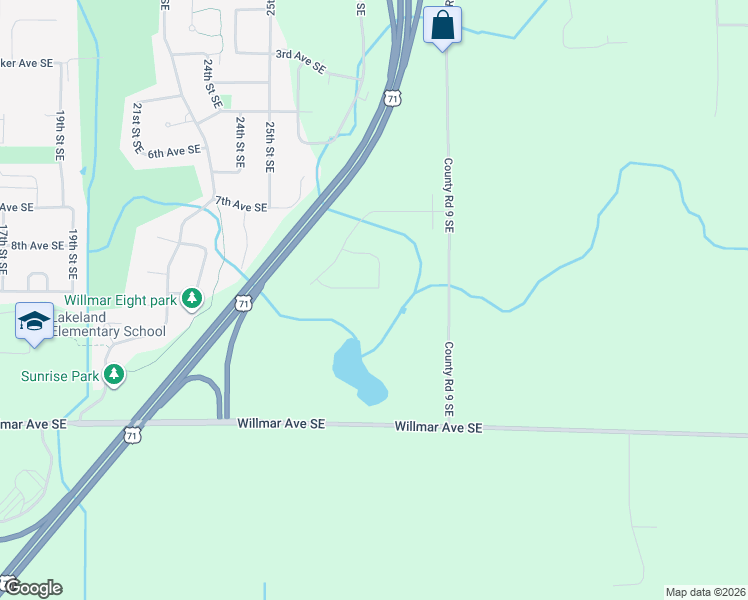 map of restaurants, bars, coffee shops, grocery stores, and more near 2839 11th Avenue Southeast in Willmar