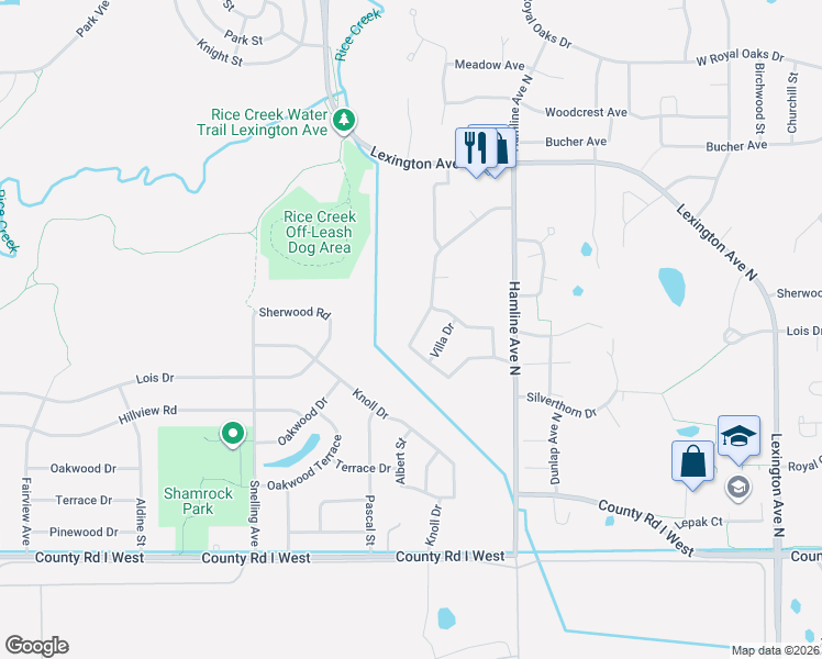 map of restaurants, bars, coffee shops, grocery stores, and more near 5716 Ridge Creek Road in Shoreview