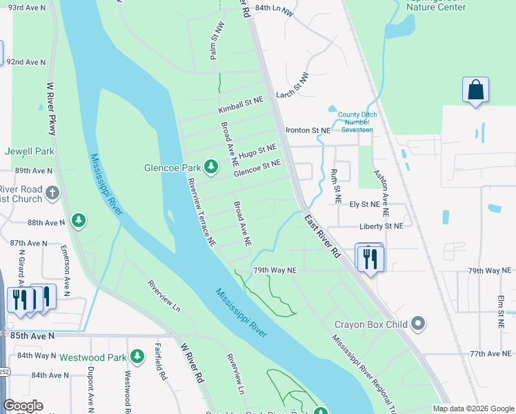 map of restaurants, bars, coffee shops, grocery stores, and more near 521 Dover Street Northeast in Fridley
