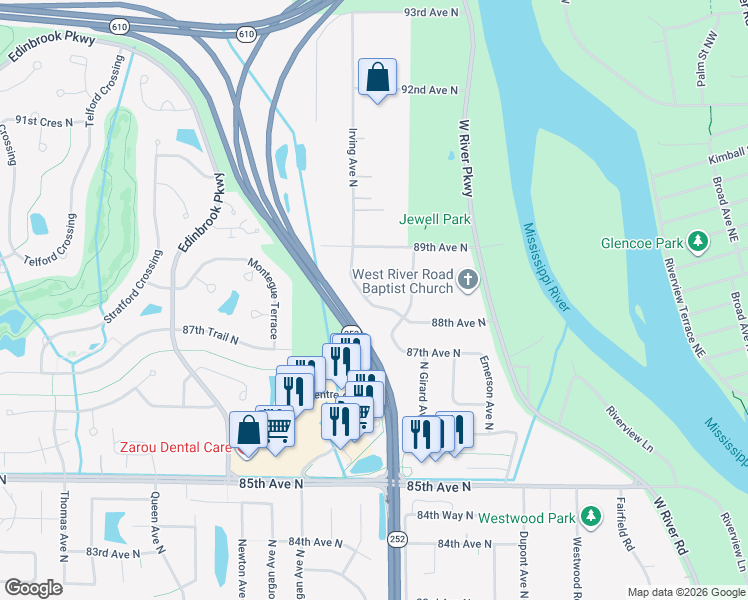 map of restaurants, bars, coffee shops, grocery stores, and more near 1501 88th Avenue North in Minneapolis