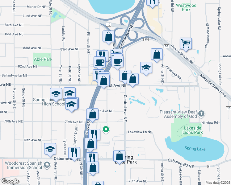 map of restaurants, bars, coffee shops, grocery stores, and more near 8075 Buchanan Street Northeast in Minneapolis