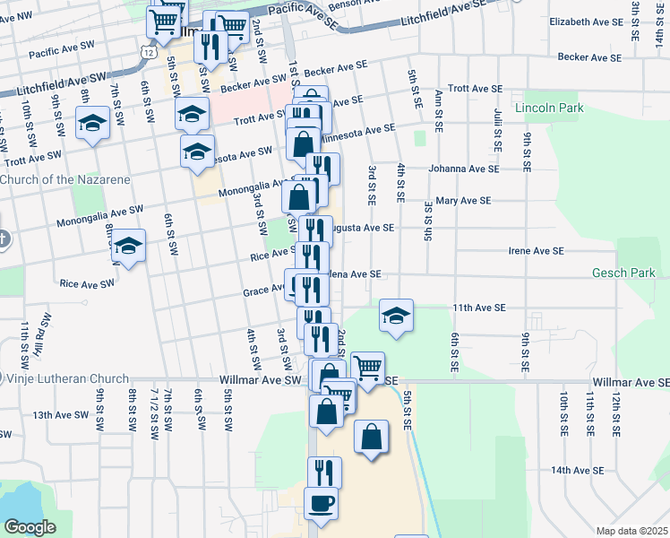 map of restaurants, bars, coffee shops, grocery stores, and more near 1004 2nd Street Southeast in Willmar