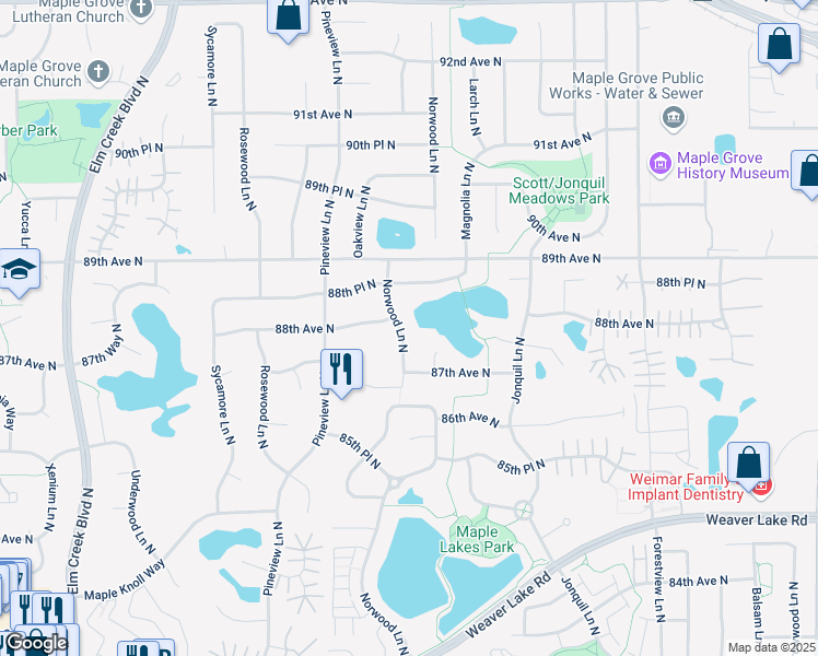 map of restaurants, bars, coffee shops, grocery stores, and more near 8782 Norwood Lane North in Maple Grove