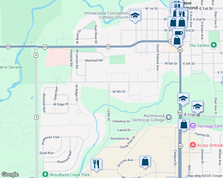 map of restaurants, bars, coffee shops, grocery stores, and more near 624 West 9th Street in New Richmond