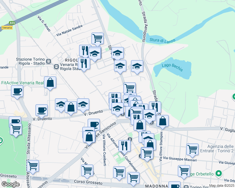 map of restaurants, bars, coffee shops, grocery stores, and more near 12 Via Giacomo Durando in Torino