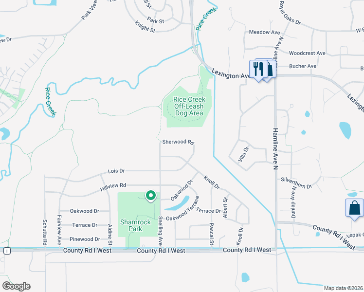 map of restaurants, bars, coffee shops, grocery stores, and more near 1535 Knoll Drive in Shoreview