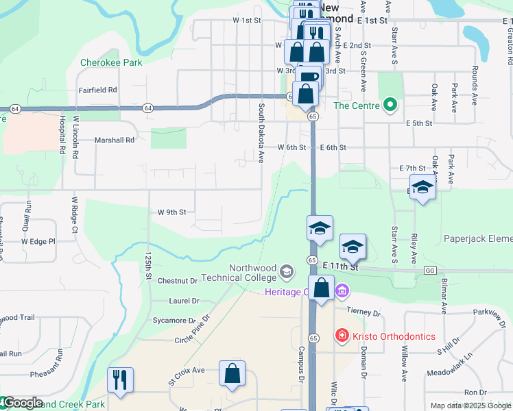 map of restaurants, bars, coffee shops, grocery stores, and more near 325 West 9th Street in New Richmond