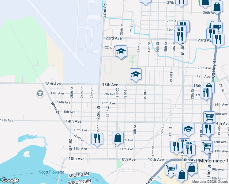 map of restaurants, bars, coffee shops, grocery stores, and more near 1600-1698 21st St in Menominee