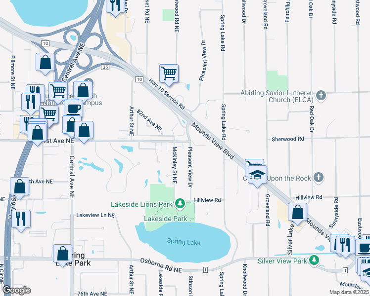 map of restaurants, bars, coffee shops, grocery stores, and more near 8102 Pleasant View Drive Northeast in Spring Lake Park