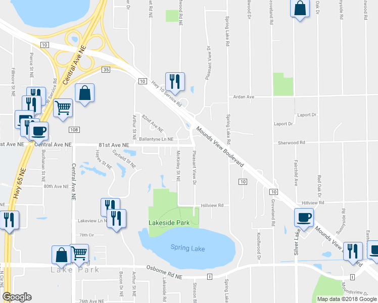 map of restaurants, bars, coffee shops, grocery stores, and more near 8041 Pleasant View Drive Northeast in Spring Lake Park