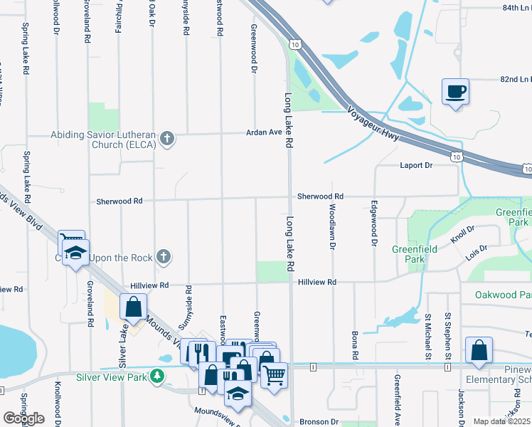 map of restaurants, bars, coffee shops, grocery stores, and more near 8030 Long Lake Road in Mounds View