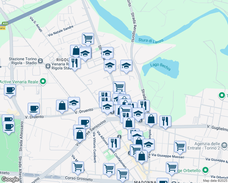 map of restaurants, bars, coffee shops, grocery stores, and more near 92-94 Via Lanzo in Torino