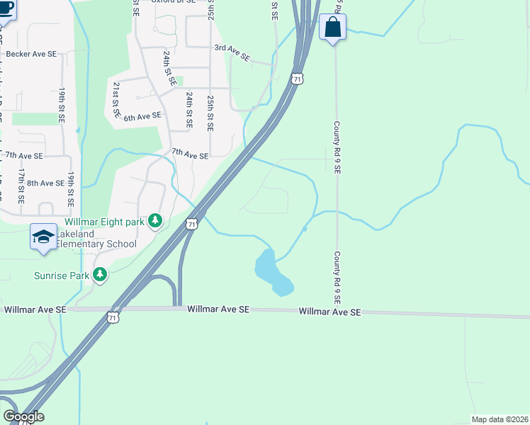 map of restaurants, bars, coffee shops, grocery stores, and more near 2839 11th Avenue Southeast in Willmar