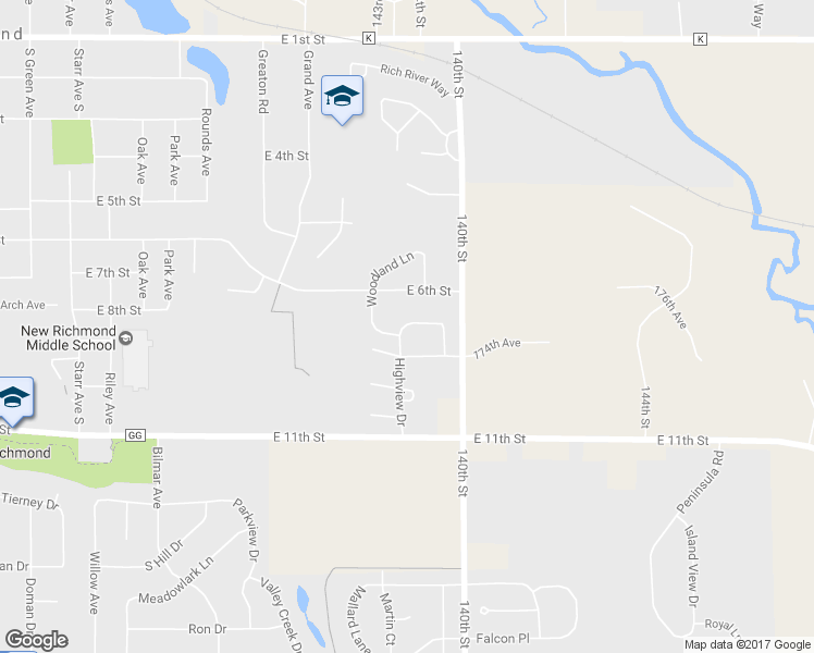 map of restaurants, bars, coffee shops, grocery stores, and more near 1209 Spruce Court in New Richmond