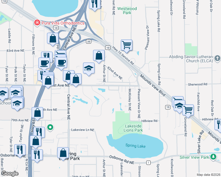 map of restaurants, bars, coffee shops, grocery stores, and more near 8057 Garfield Street Northeast in Minneapolis