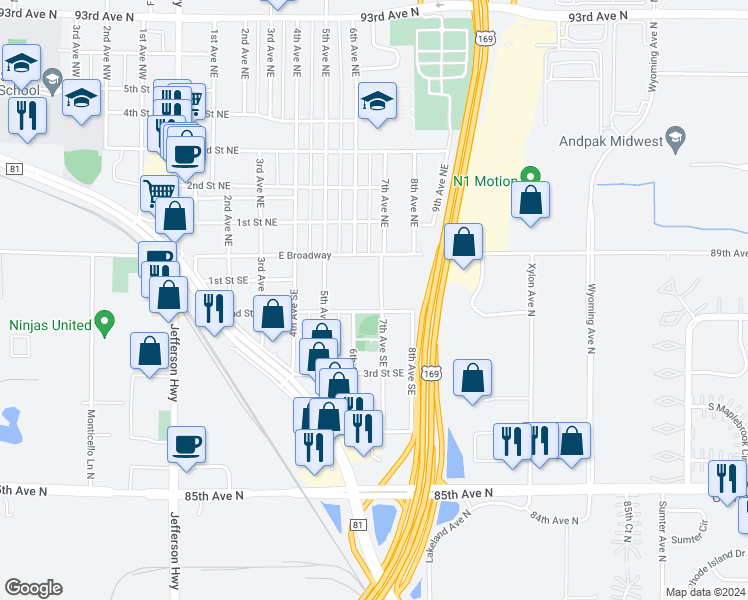 map of restaurants, bars, coffee shops, grocery stores, and more near 200 7th Avenue Southeast in Osseo