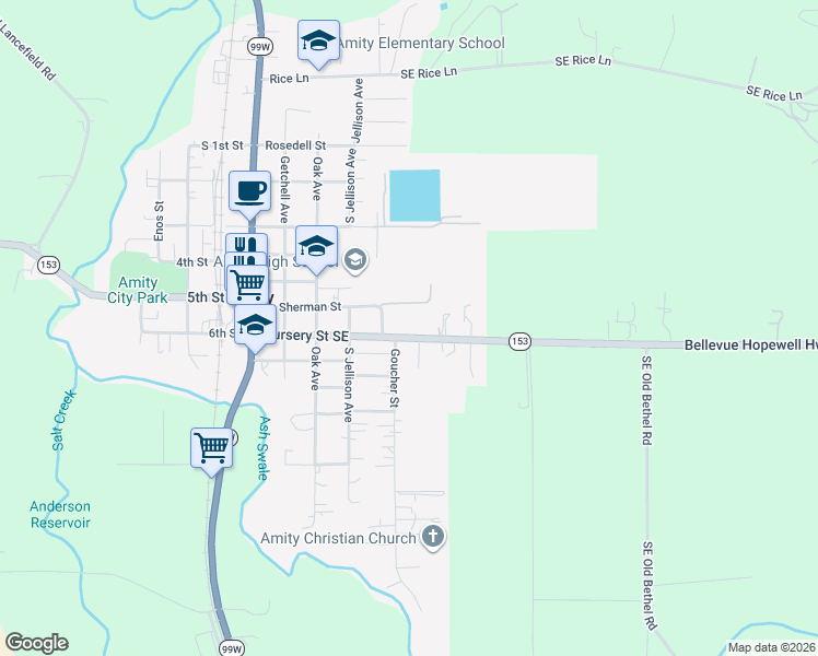 map of restaurants, bars, coffee shops, grocery stores, and more near 509 Nursery Street Southeast in Amity