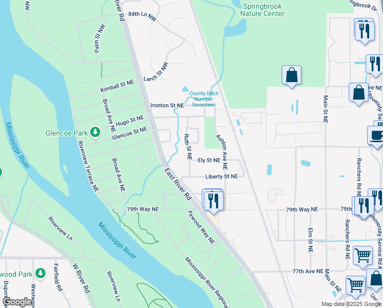 map of restaurants, bars, coffee shops, grocery stores, and more near 8125 Ruth Street Northeast in Fridley