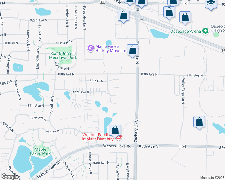map of restaurants, bars, coffee shops, grocery stores, and more near 8850 Cottonwood Lane North in Maple Grove