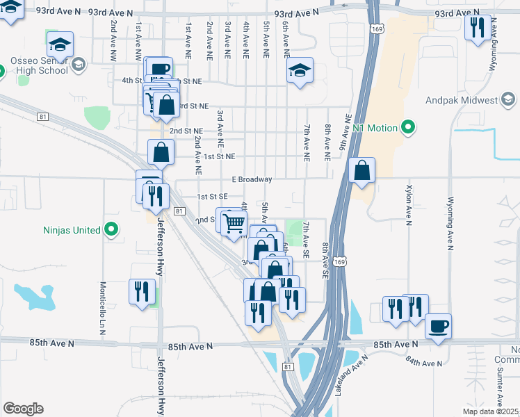 map of restaurants, bars, coffee shops, grocery stores, and more near 25 5th Avenue Southeast in Osseo