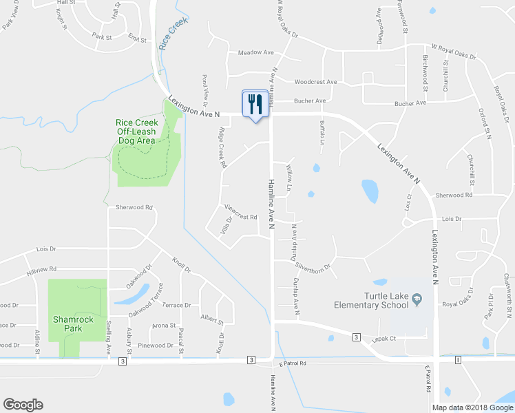 map of restaurants, bars, coffee shops, grocery stores, and more near 1361 Viewcrest Road in Shoreview