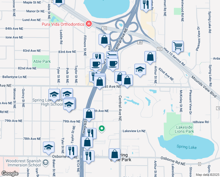 map of restaurants, bars, coffee shops, grocery stores, and more near 8155 Highway 65 Northeast in Spring Lake Park