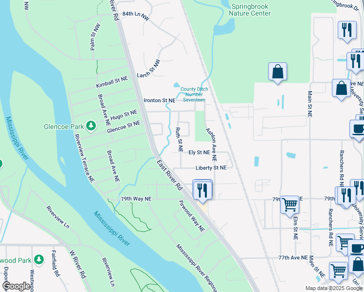 map of restaurants, bars, coffee shops, grocery stores, and more near 8125 Ruth Street Northeast in Fridley