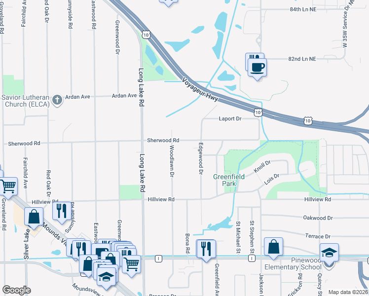 map of restaurants, bars, coffee shops, grocery stores, and more near 2451 Sherwood Road in Mounds View