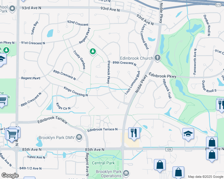 map of restaurants, bars, coffee shops, grocery stores, and more near 8765 Prestwick Parkway in Minneapolis