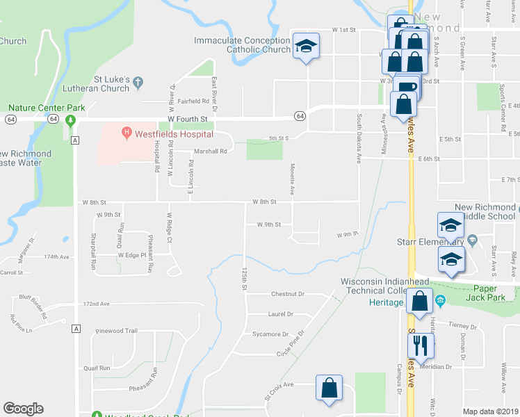 map of restaurants, bars, coffee shops, grocery stores, and more near 625 West 8th Street in New Richmond