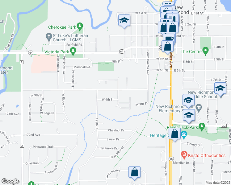 map of restaurants, bars, coffee shops, grocery stores, and more near 570 West 8th Street in New Richmond