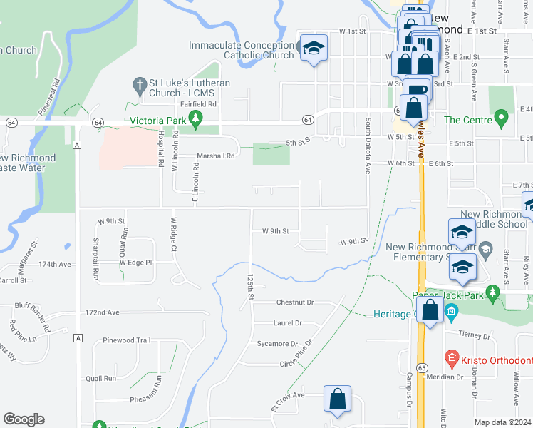 map of restaurants, bars, coffee shops, grocery stores, and more near 626 West 8th Street in New Richmond