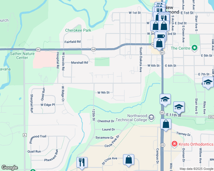 map of restaurants, bars, coffee shops, grocery stores, and more near 594 West 8th Street in New Richmond