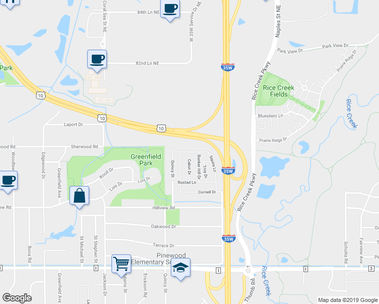 map of restaurants, bars, coffee shops, grocery stores, and more near 5798 Cabot Drive in Mounds View