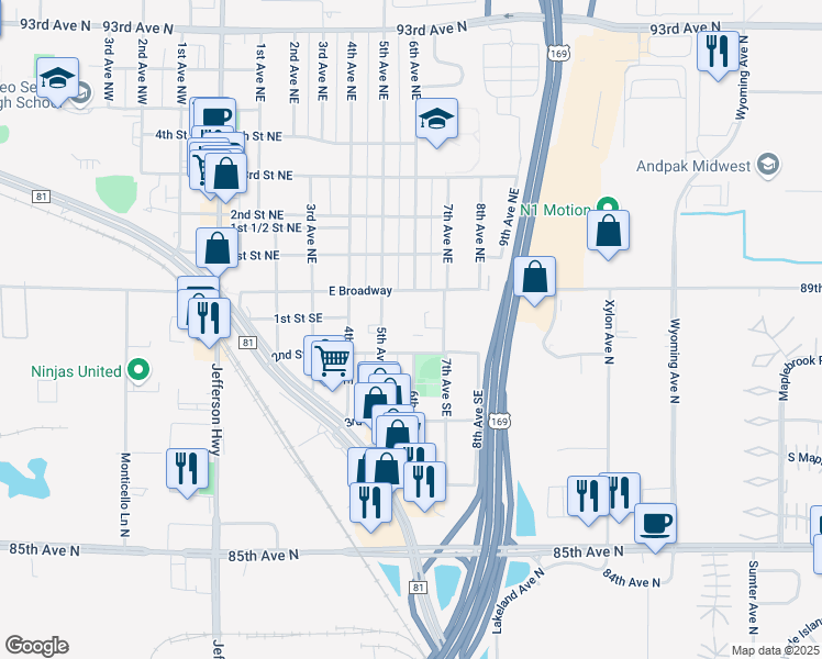 map of restaurants, bars, coffee shops, grocery stores, and more near 524 East Broadway in Osseo