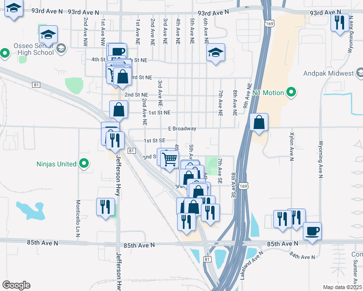 map of restaurants, bars, coffee shops, grocery stores, and more near 25 5th Avenue Southeast in Osseo